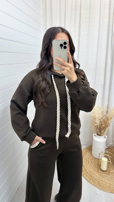 Rope Lace Hoodie and Wide Leg Joggers Co-Ord - BROWN