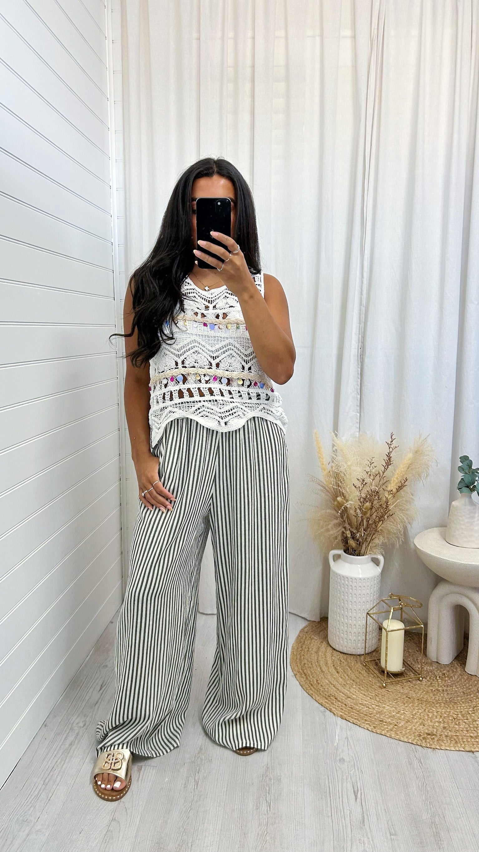 Pinstripe Linen Wide Leg Trousers - KHAKI