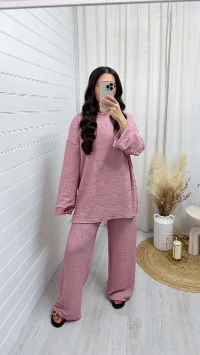 Loose Fit Cheesecloth Long Sleeve Top and Trousers Co-Ord - DUSTY PINK