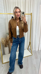Suede Cropped Bomber Jacket - CAMEL
