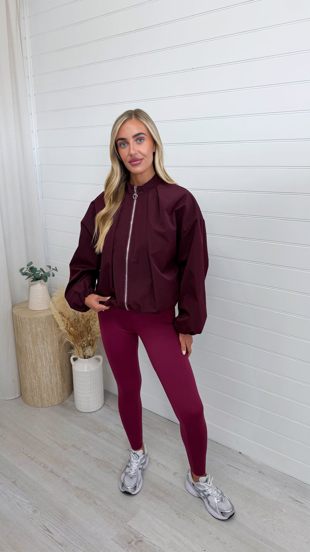 Pleated Shoulder Bomber Jacket - BURGUNDY