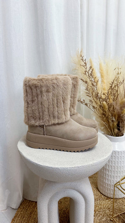 Faux Fur Calf Length Boots - BEIGE