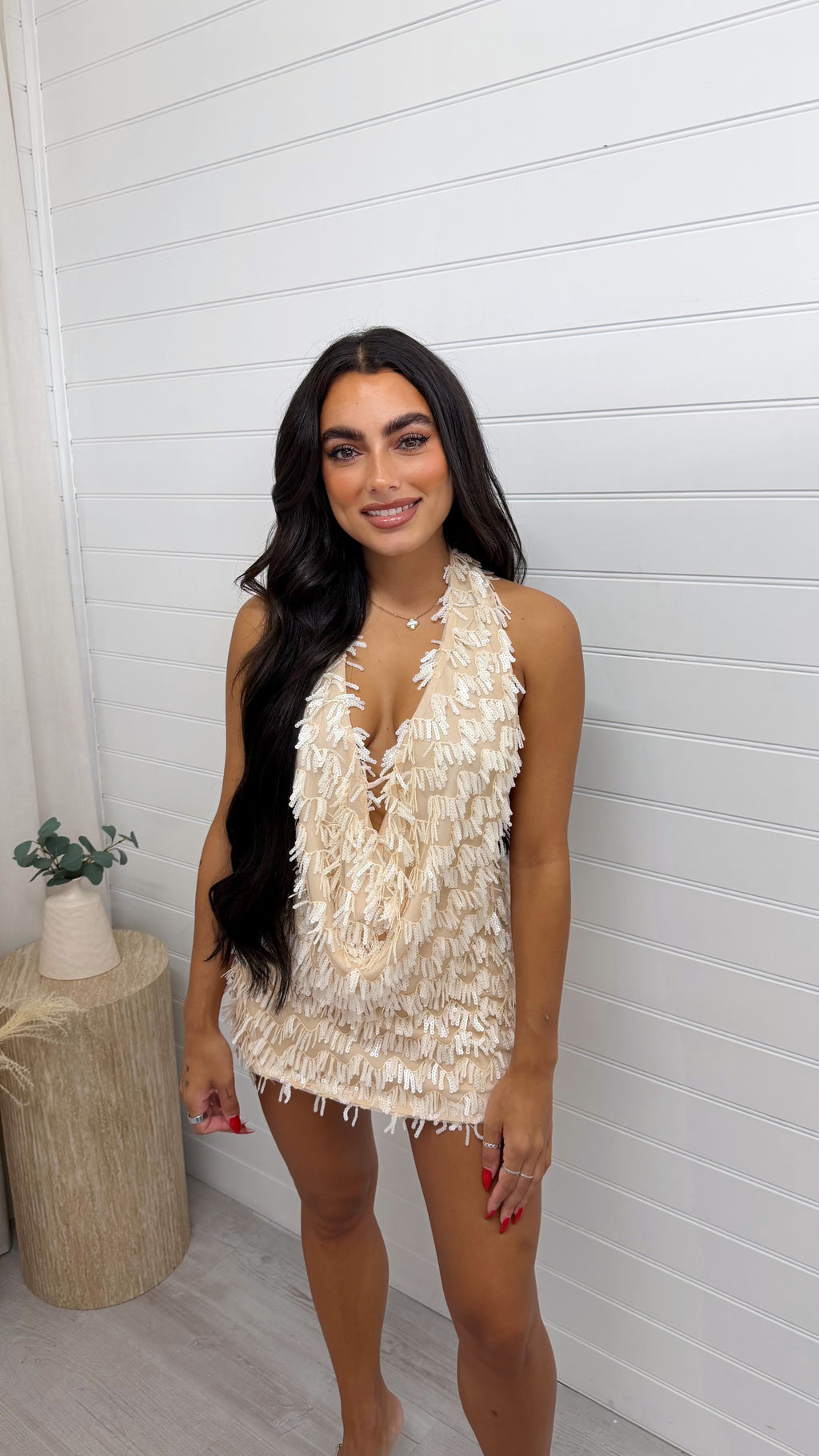 Cowl Neck Sequin Top and Skirt Set - IVORY