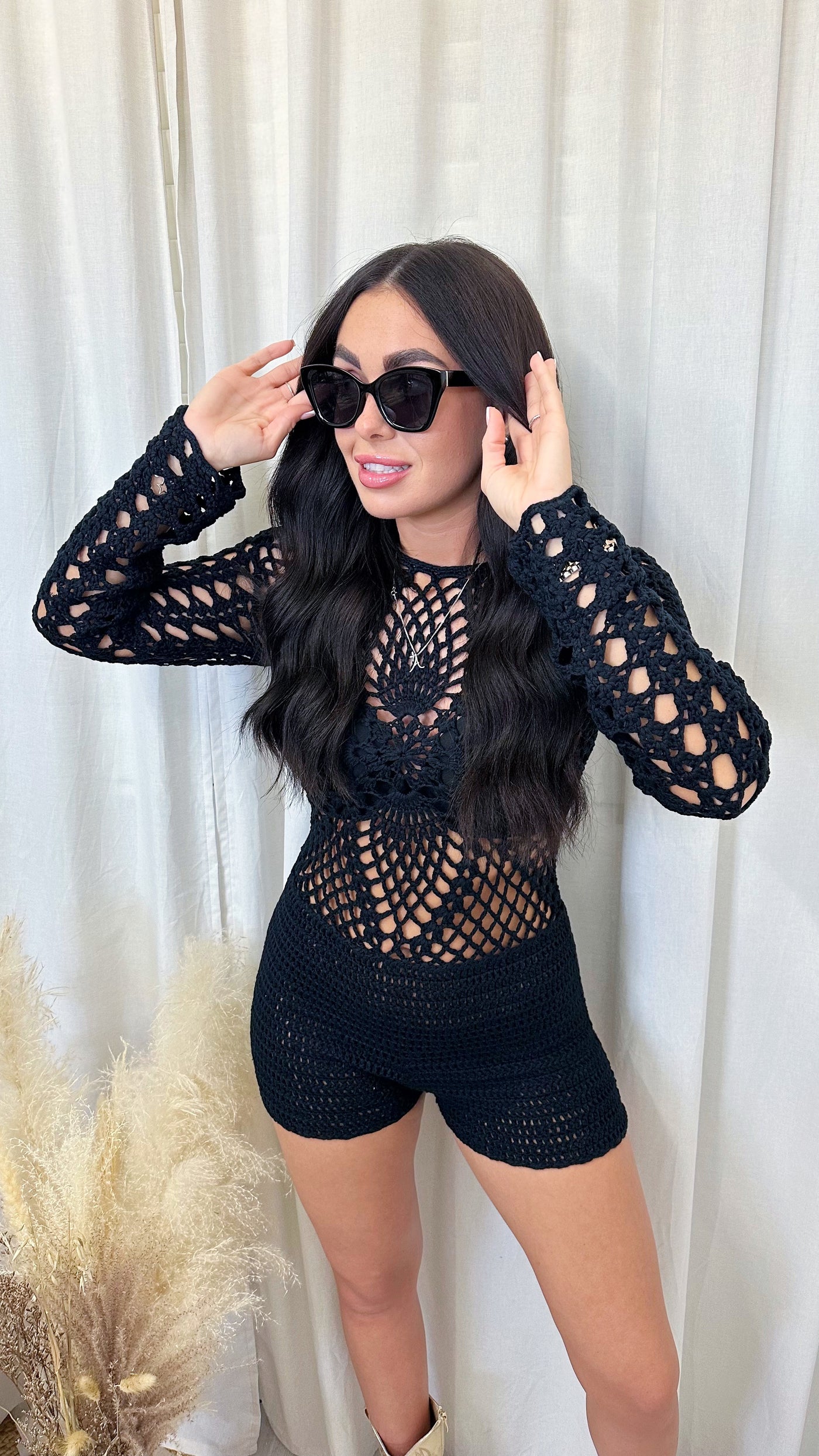 Flower Crochet Playsuit - BLACK