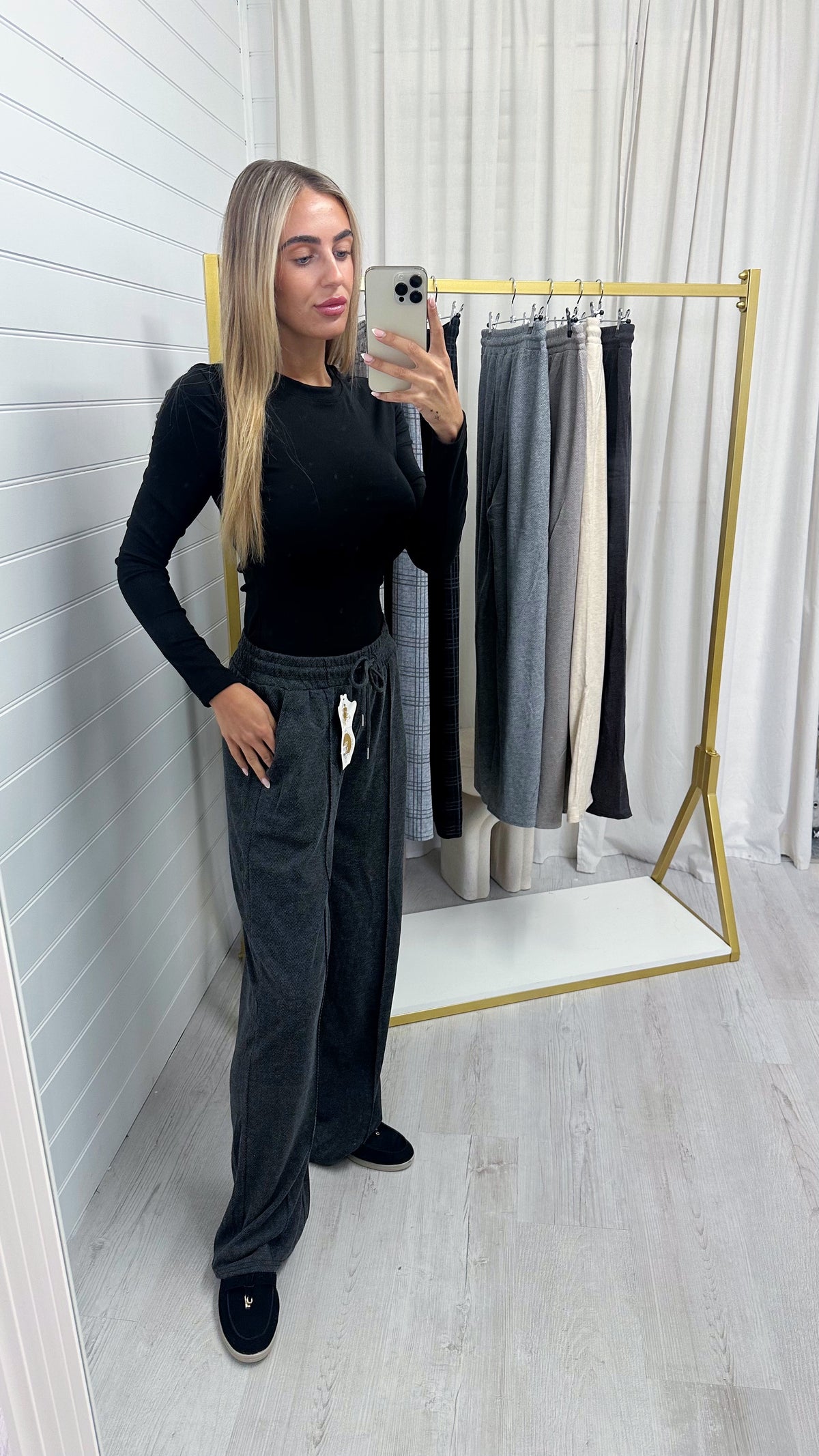 Textured Wide Leg Trousers - CHARCOAL