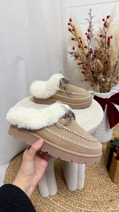 Fur Lined Embroidered Mules - DARK BEIGE