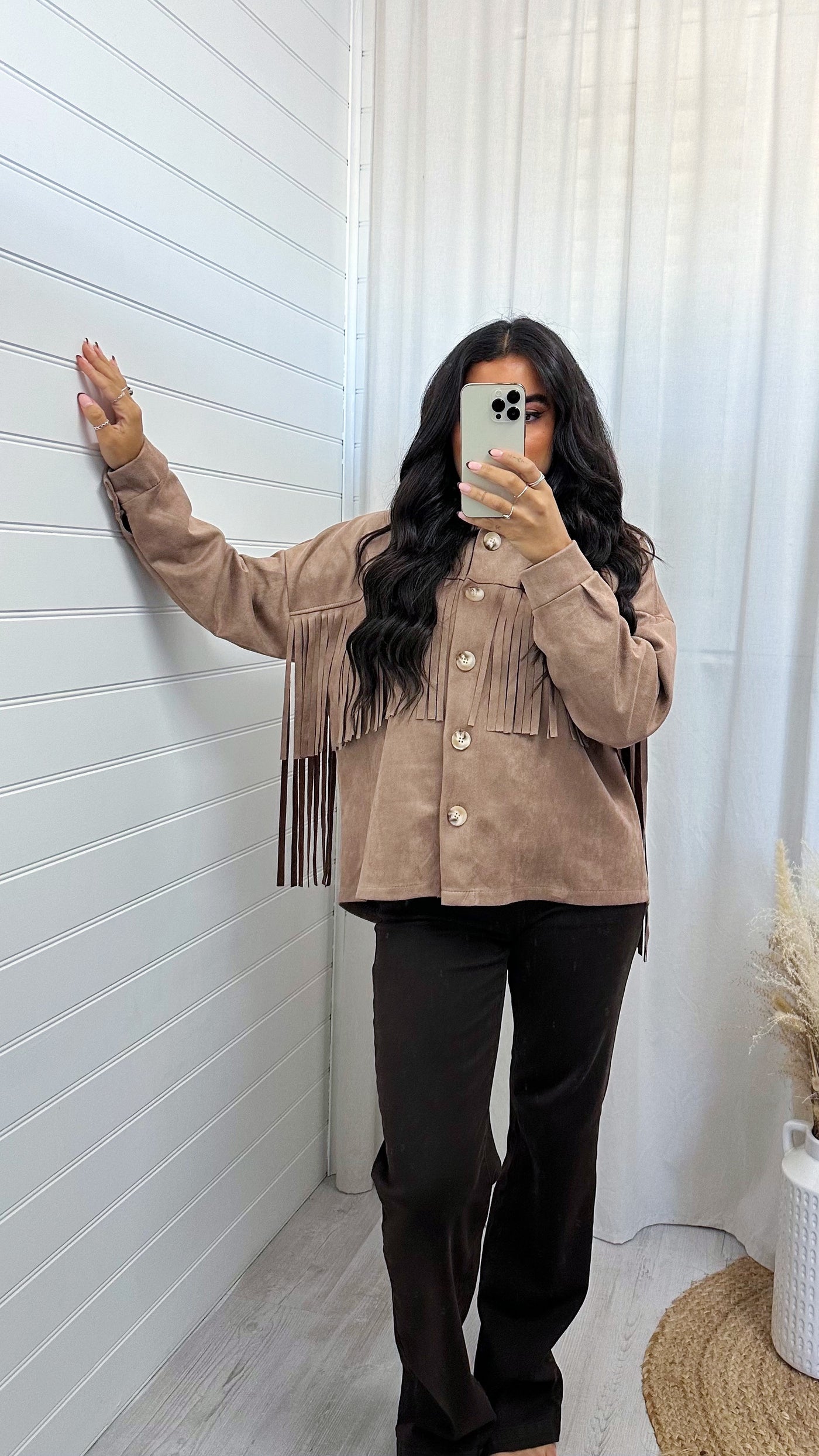 Suede Tassel Trim Jacket - BEIGE