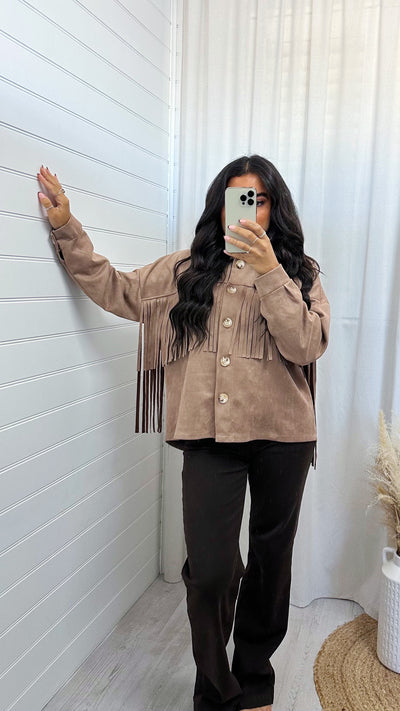 Suede Tassel Trim Jacket - BEIGE