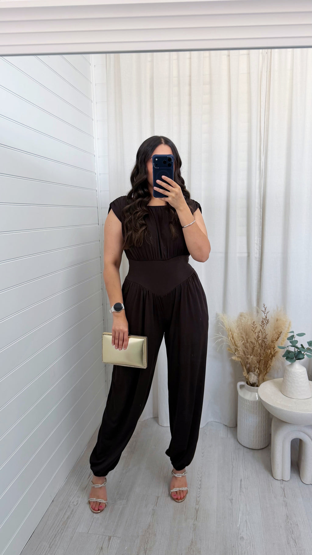 Cinch Waist Ruched Jumpsuit - BROWN