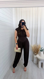 Cinch Waist Ruched Jumpsuit - BROWN