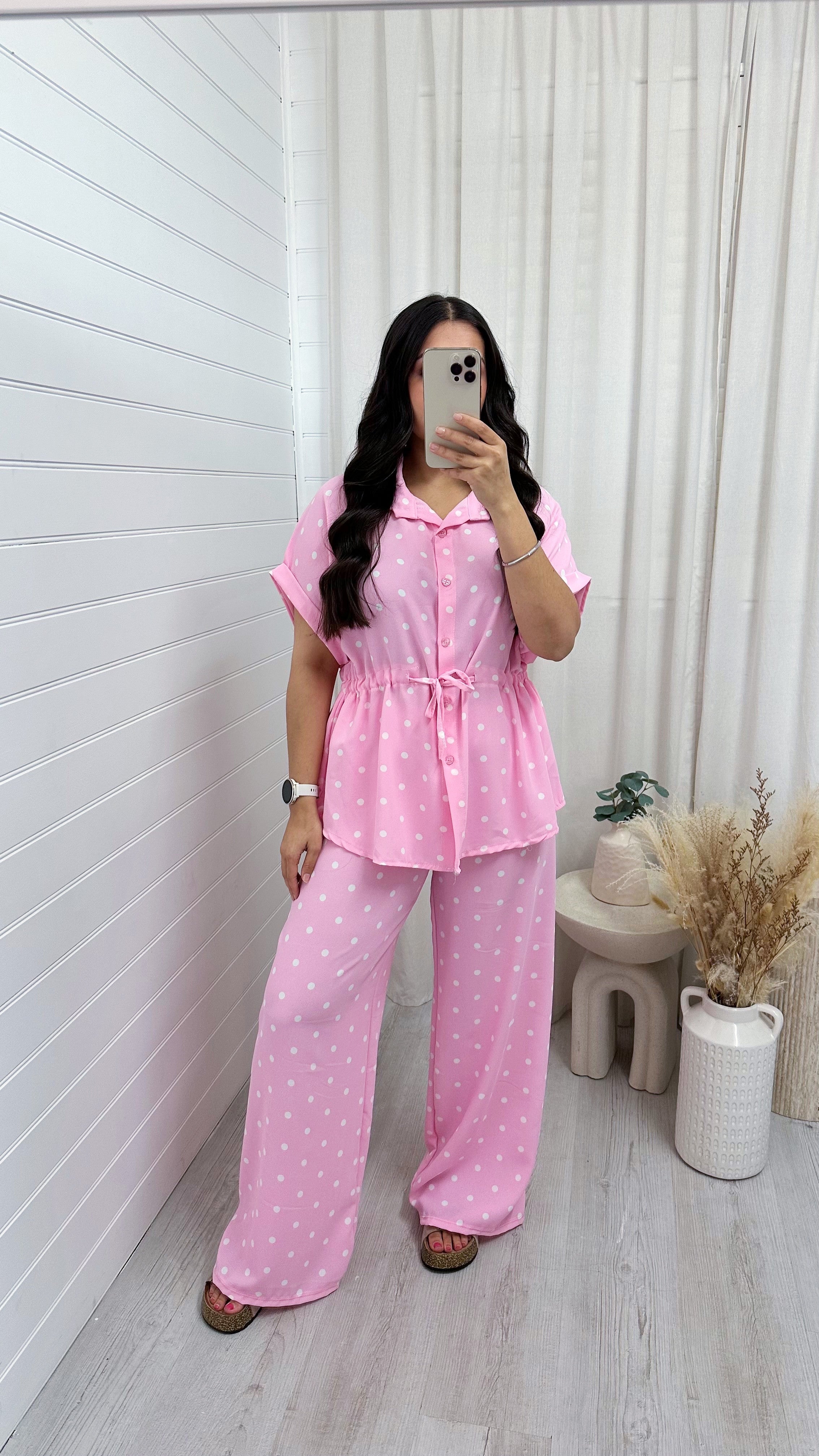 Polka Dot Cinched Shirt and Trousers Co-Ord - BABY PINK