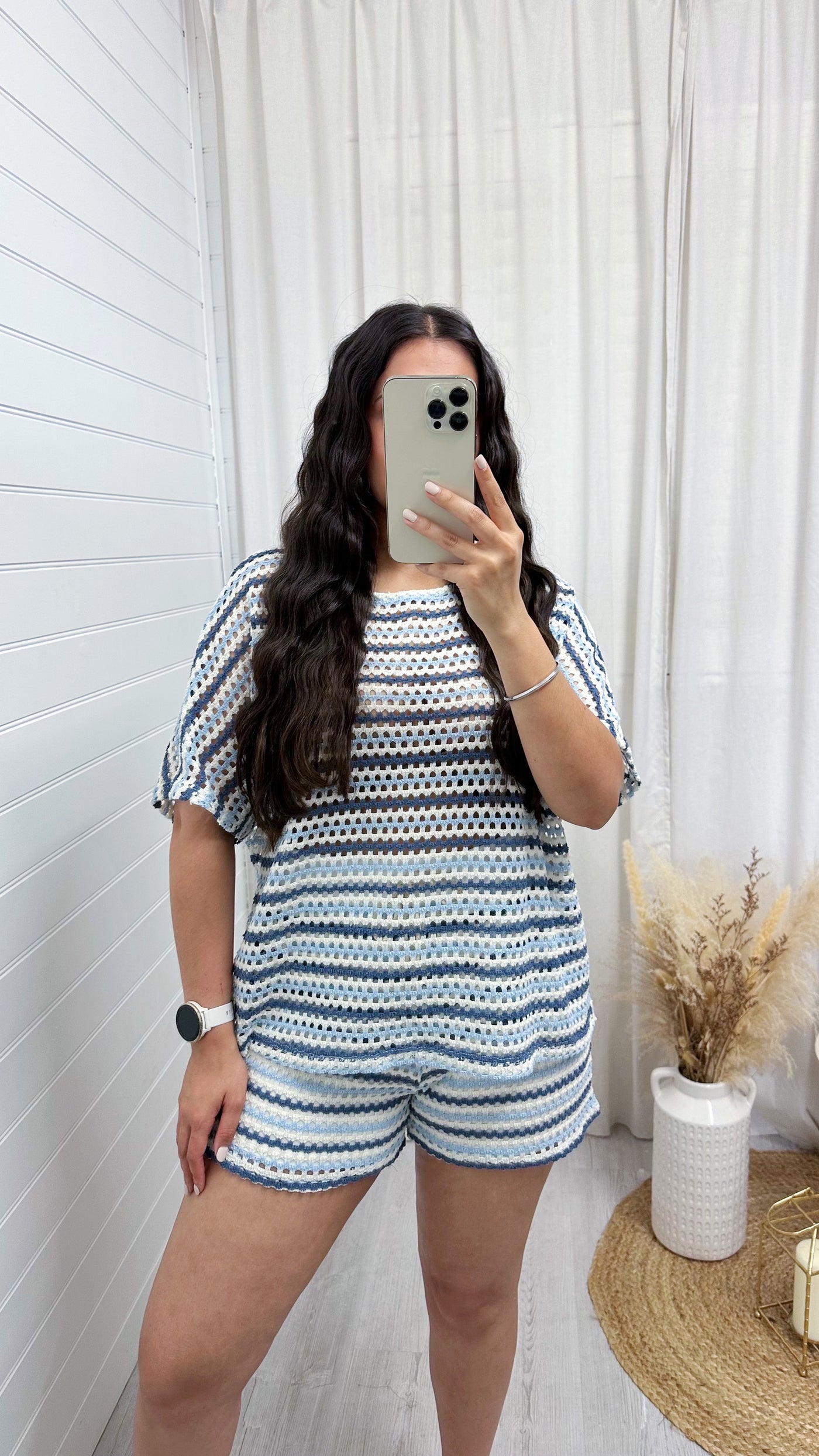 Stripey Mesh T-Shirt and Shorts Co-Ord - POWDER BLUE