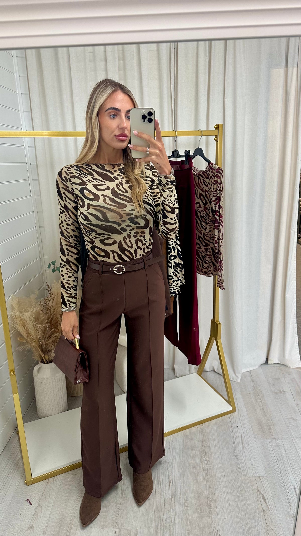 Seam Front Belted Straight Leg Trousers - BROWN