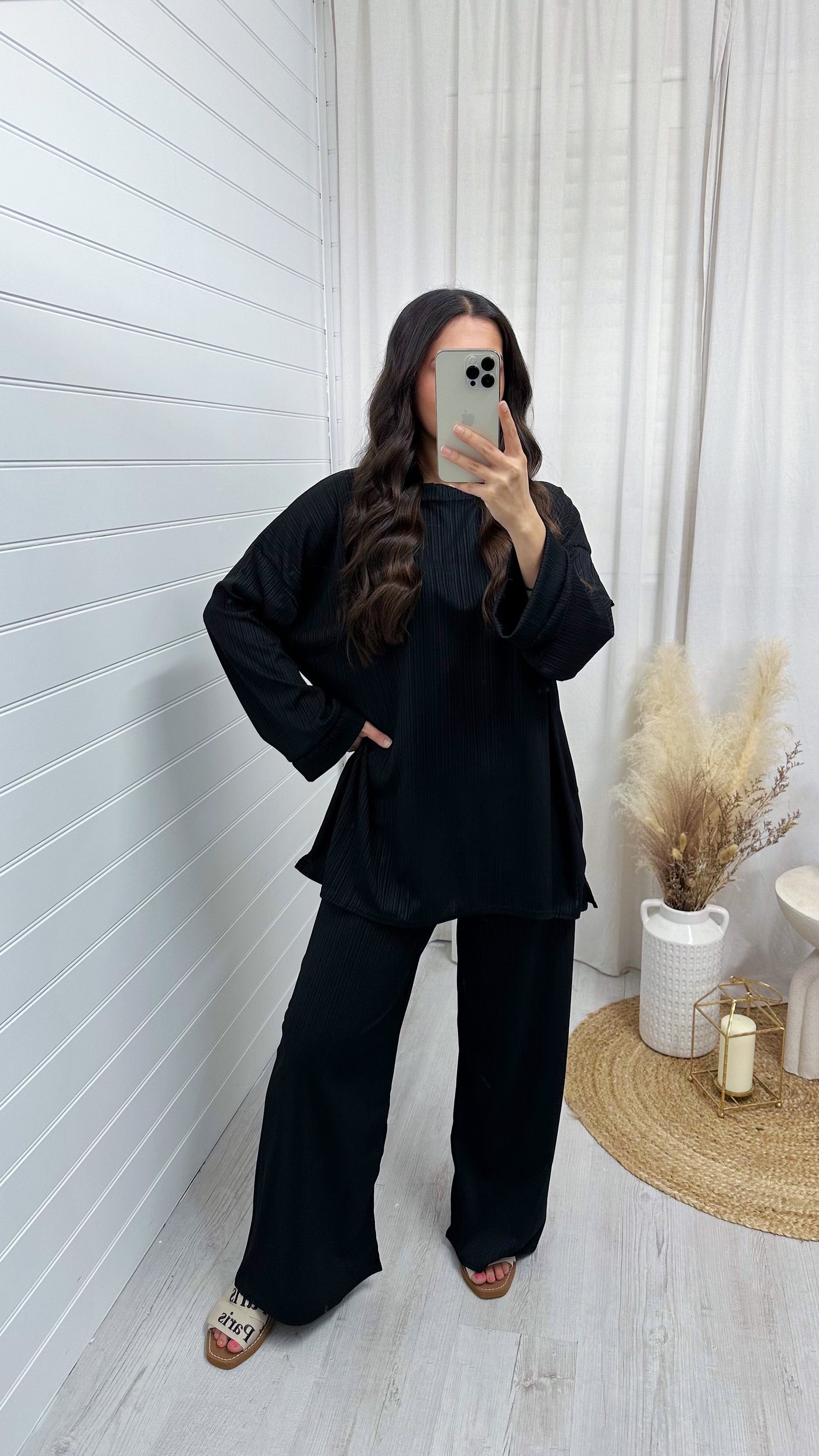 Long Sleeve Ribbed Top and Trousers Co-Ord - BLACK