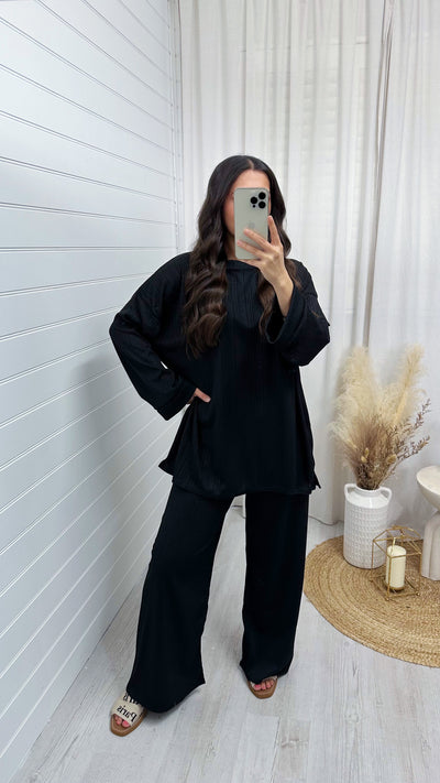 Long Sleeve Ribbed Top and Trousers Co-Ord - BLACK