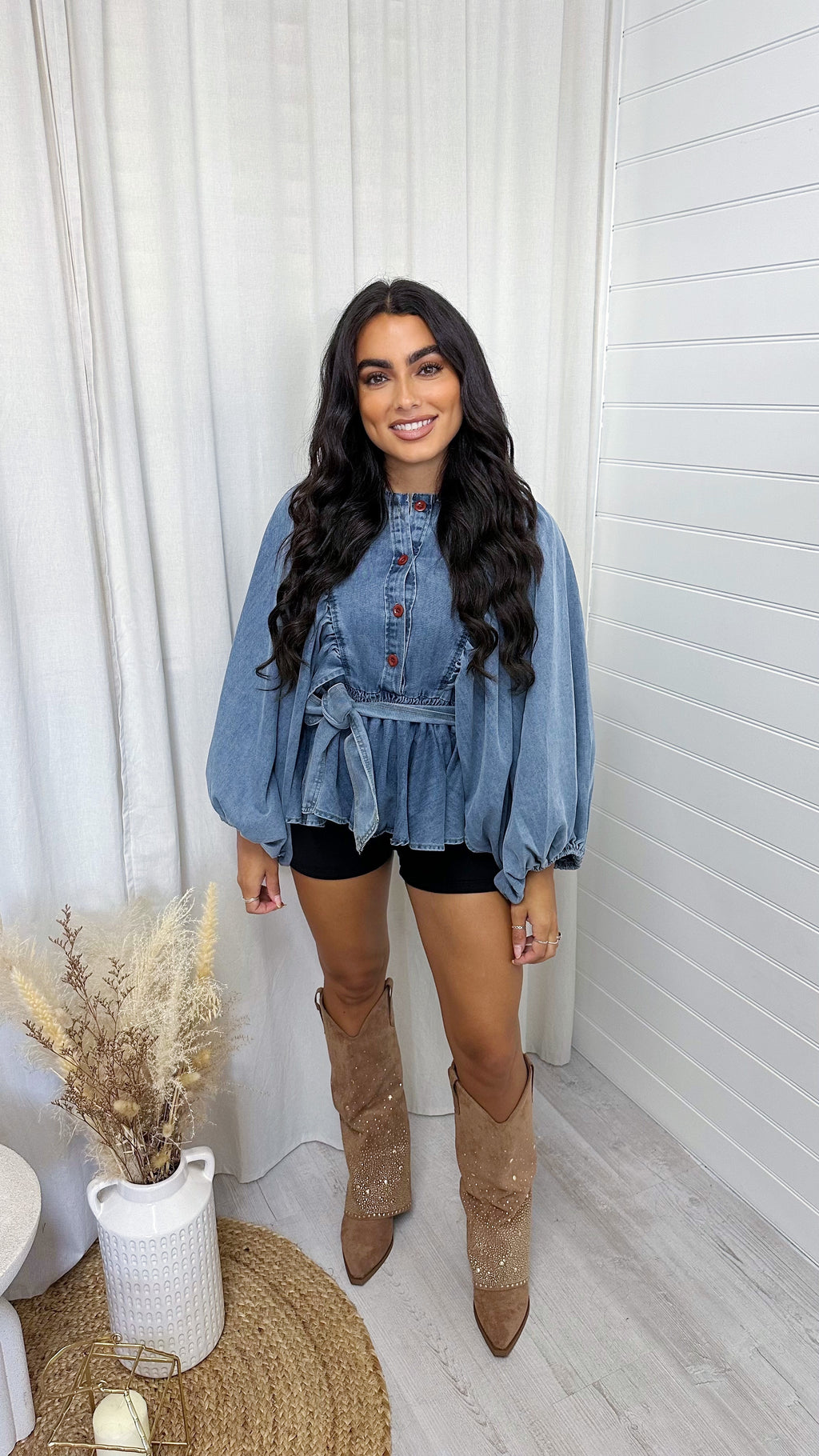 Balloon Sleeve Peplum Denim Shirt - DARK DENIM