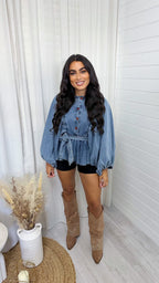 Balloon Sleeve Peplum Denim Shirt - DARK DENIM