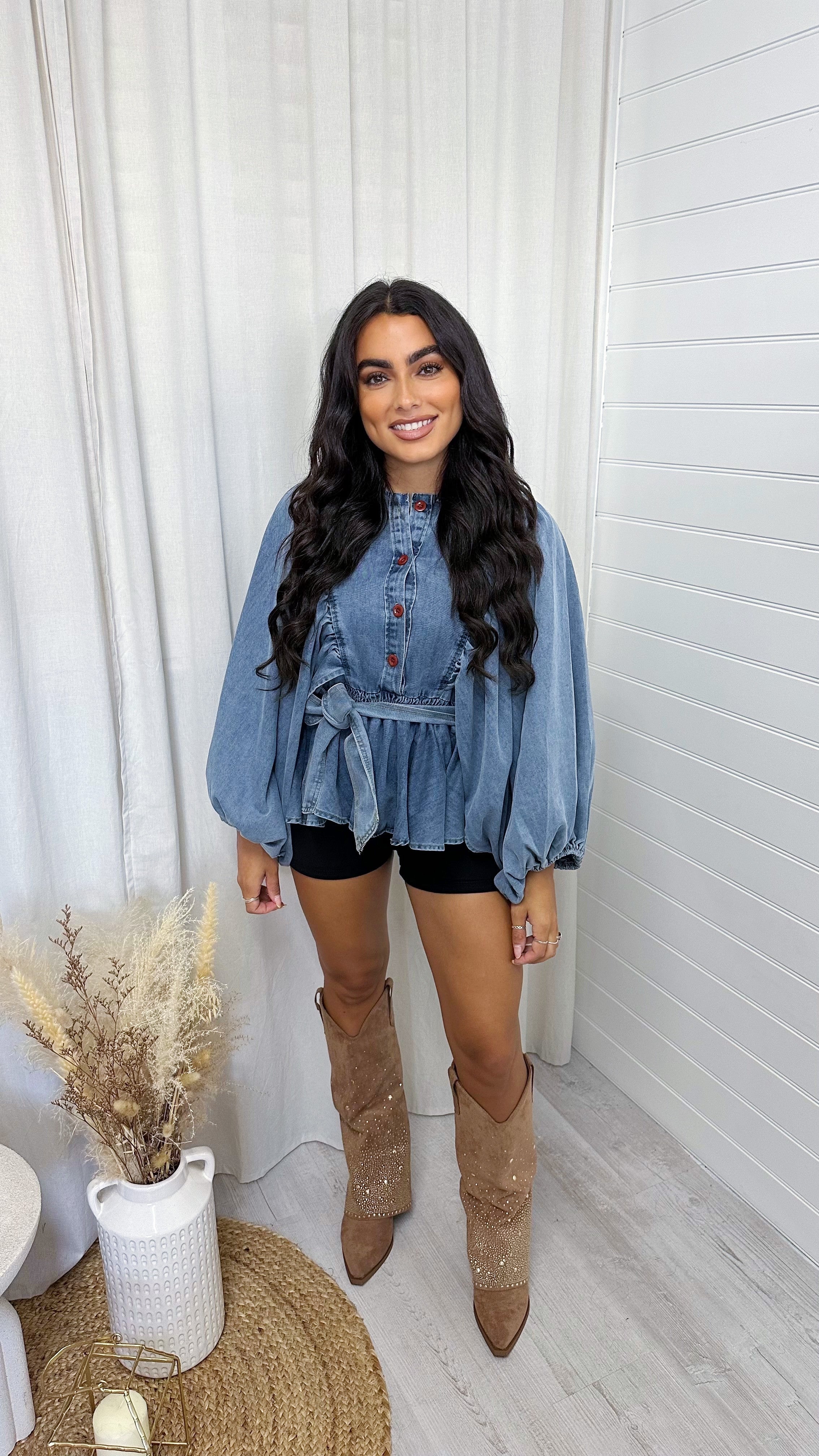 Balloon Sleeve Peplum Denim Shirt - DARK DENIM