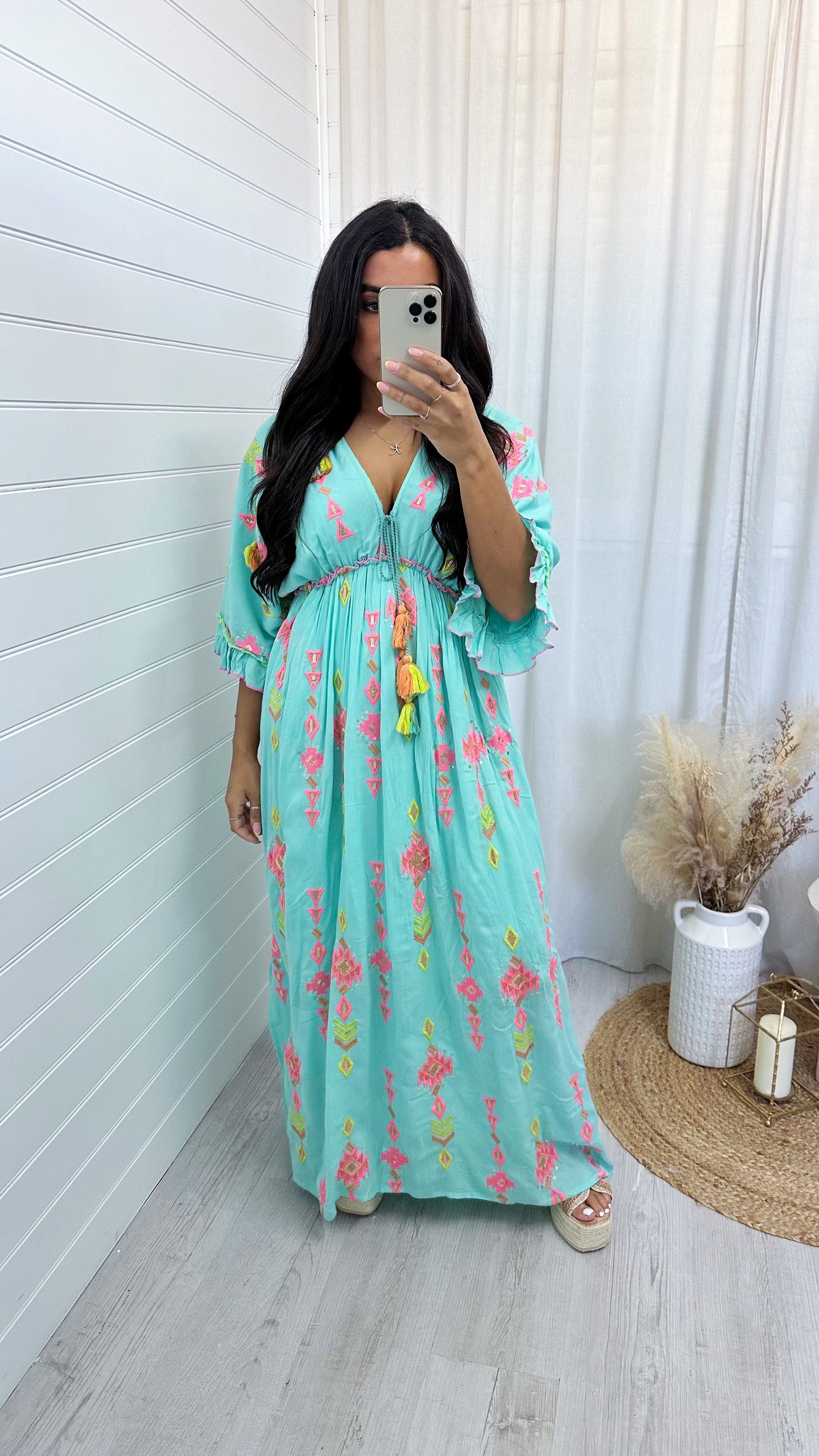 Aztec Beaded V Neck Maxi Dress - TURQUOISE
