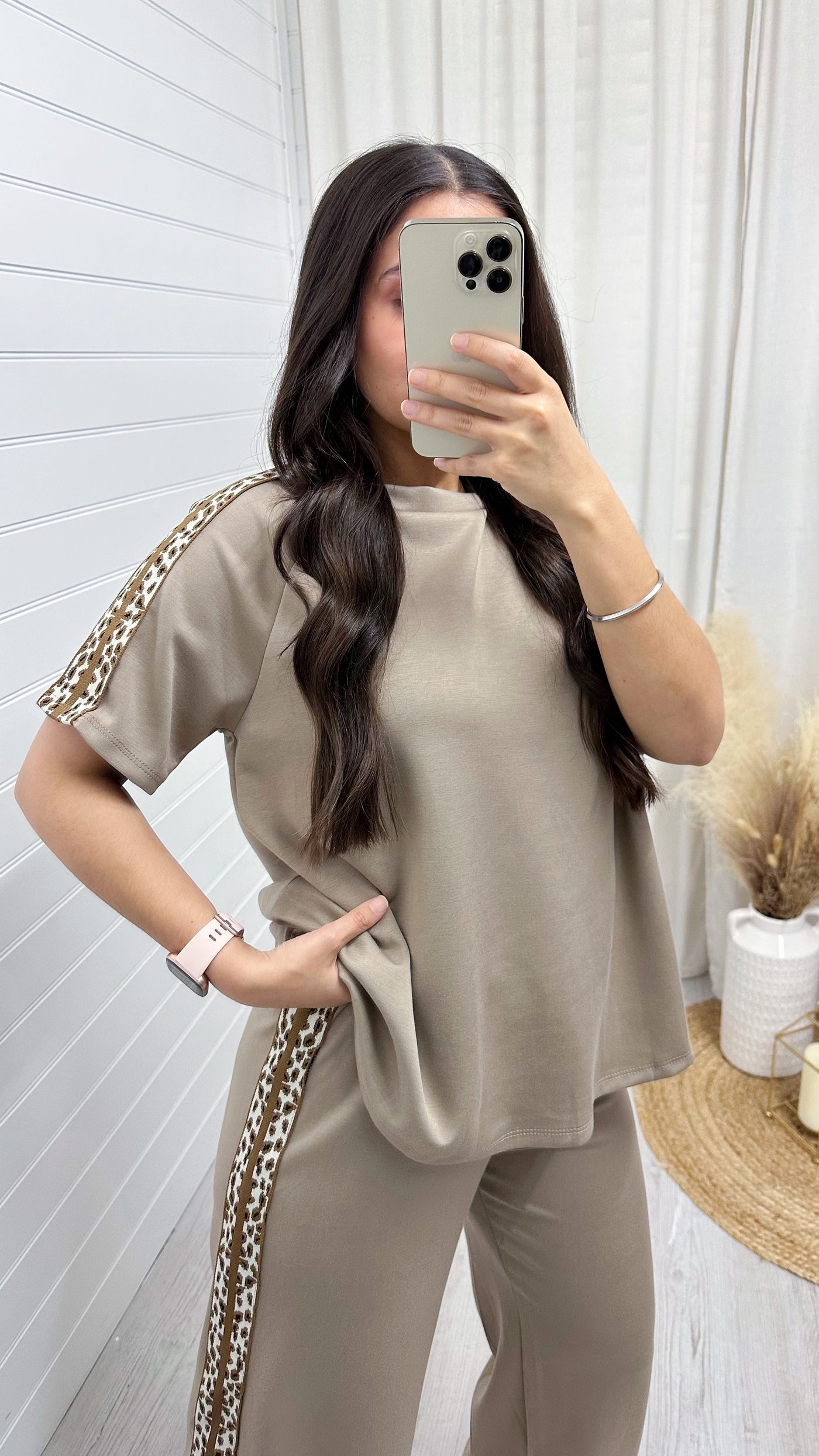 Leopard Trim Plain T-Shirt and Joggers Co-Ord - MOCHA