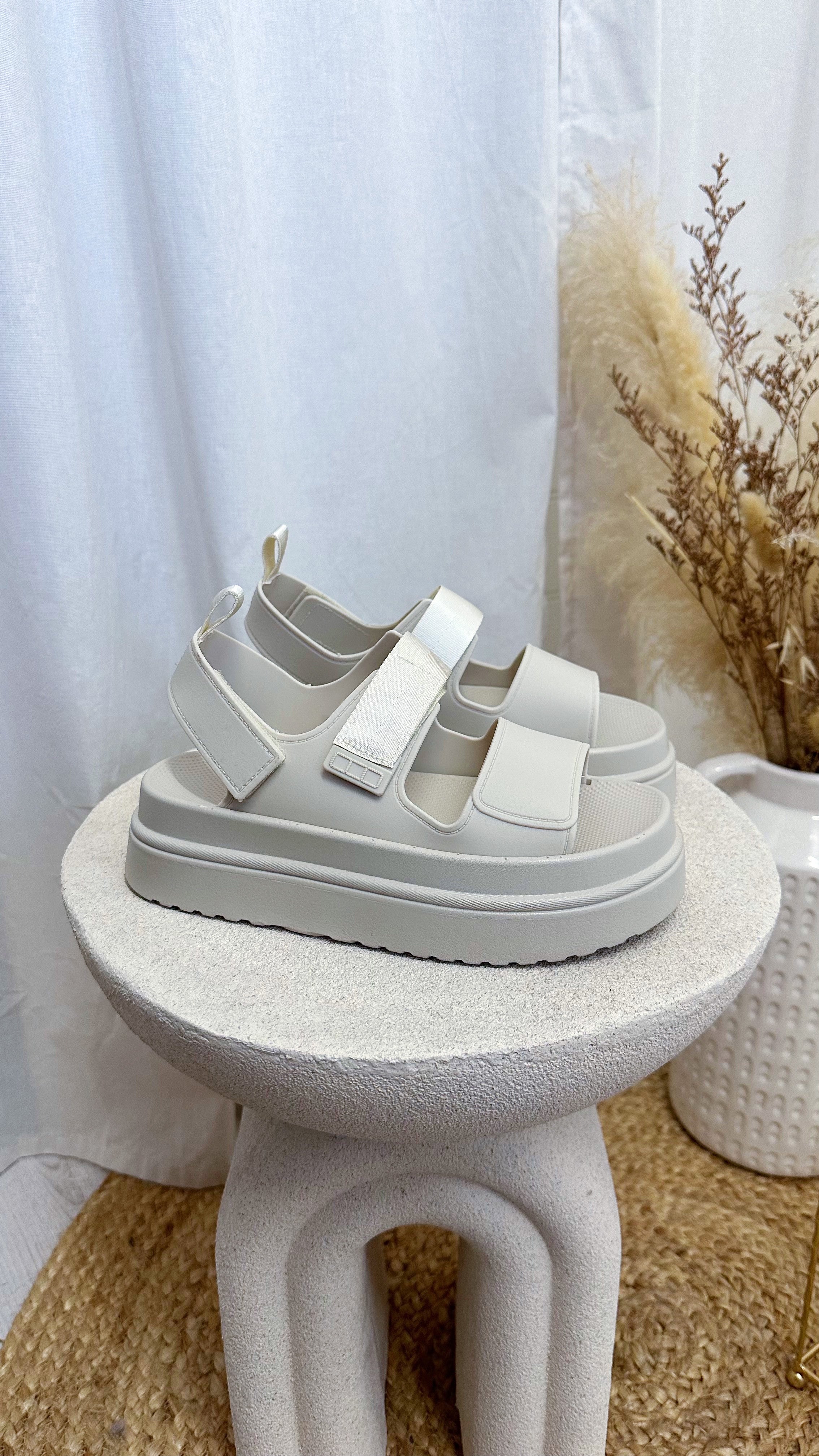 Chunky Velcro Strap Sandals - CREAM