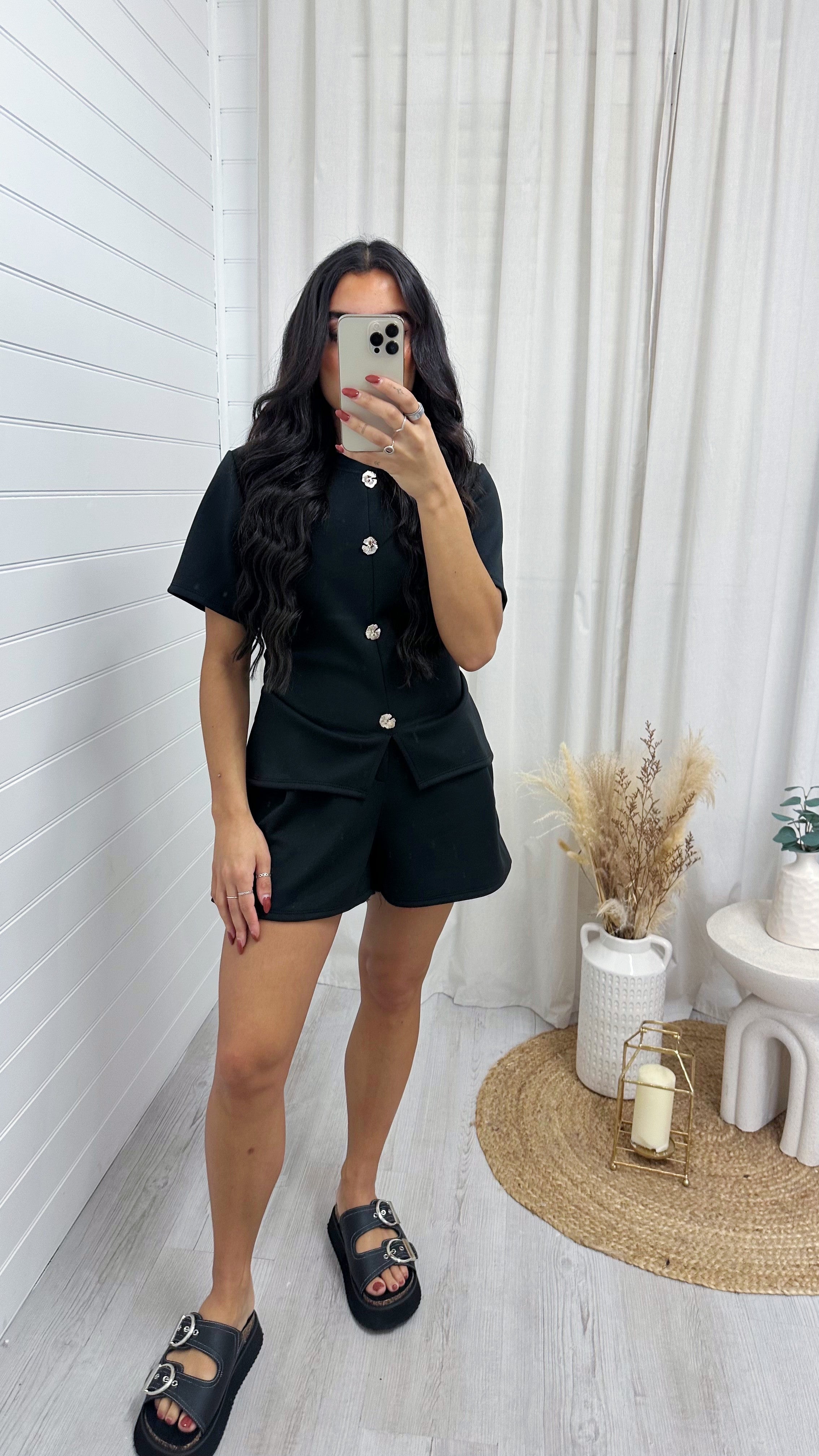 Cinched Gold Button Top and Shorts Co-Ord - BLACK