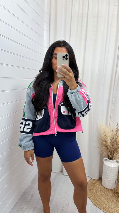 Denim Cargo Graphic Bomber Jacket