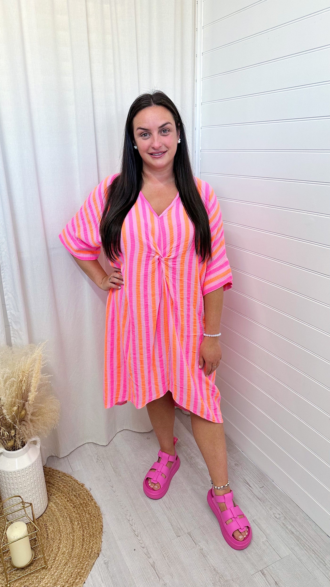 PLUS Stripey Cheesecloth Knot Front Midi Dress - NEON PINK/ORANGE
