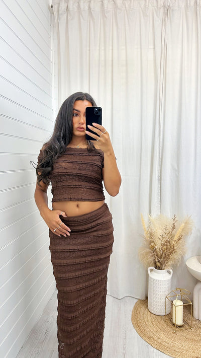 Lace Panel Bardot Top and Maxi Skirt - BROWN