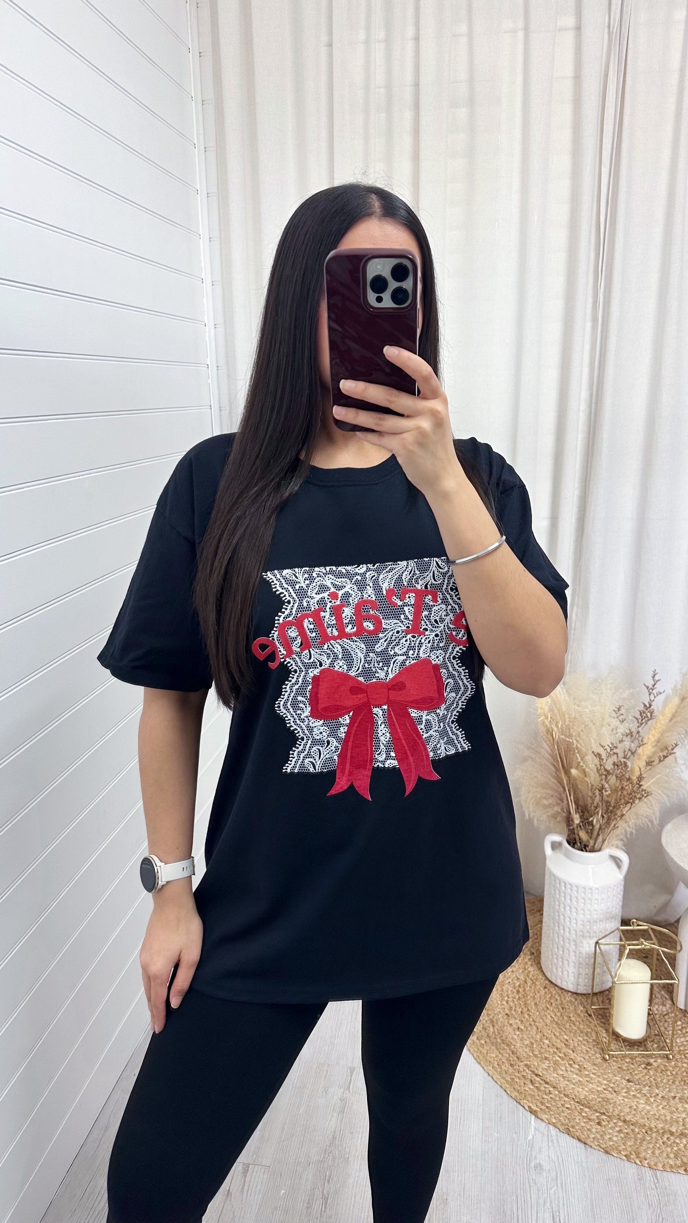 Oversized Je Taime Lace Bow T-Shirt - BLACK