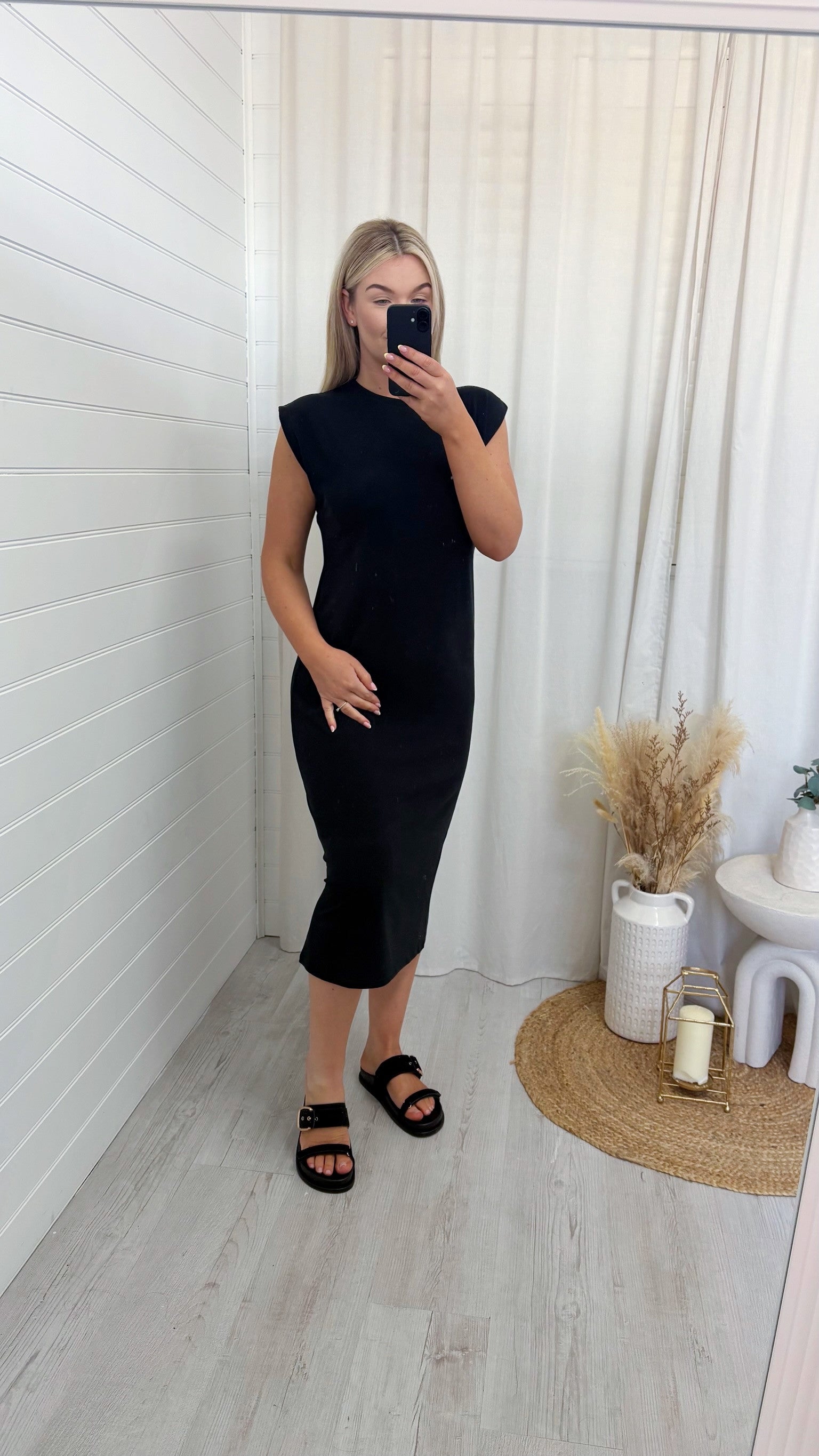 Soft Ribbed Sleeveless Midi Dress - BLACK