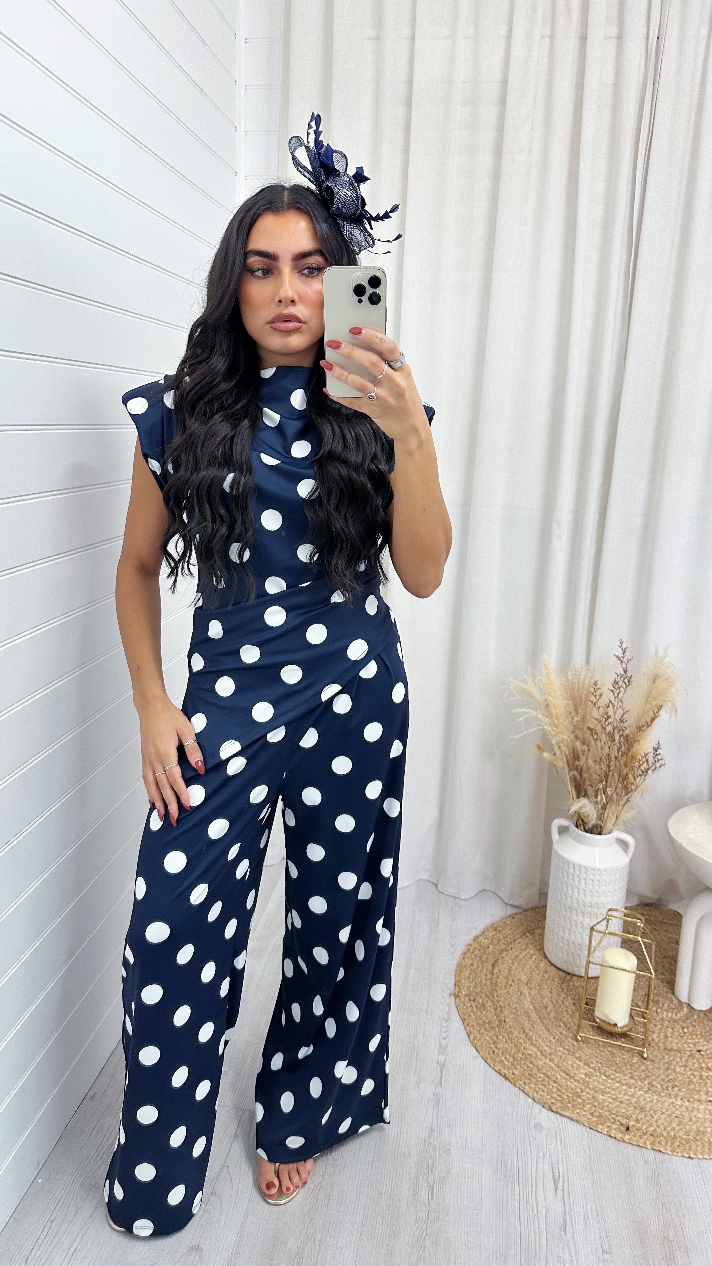 Asymmetric Polka Dot Ruched Top and Trousers Co-Ord - NAVY