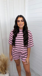 Stripey Cotton Crop Top and Shorts Co-Ord - PINK