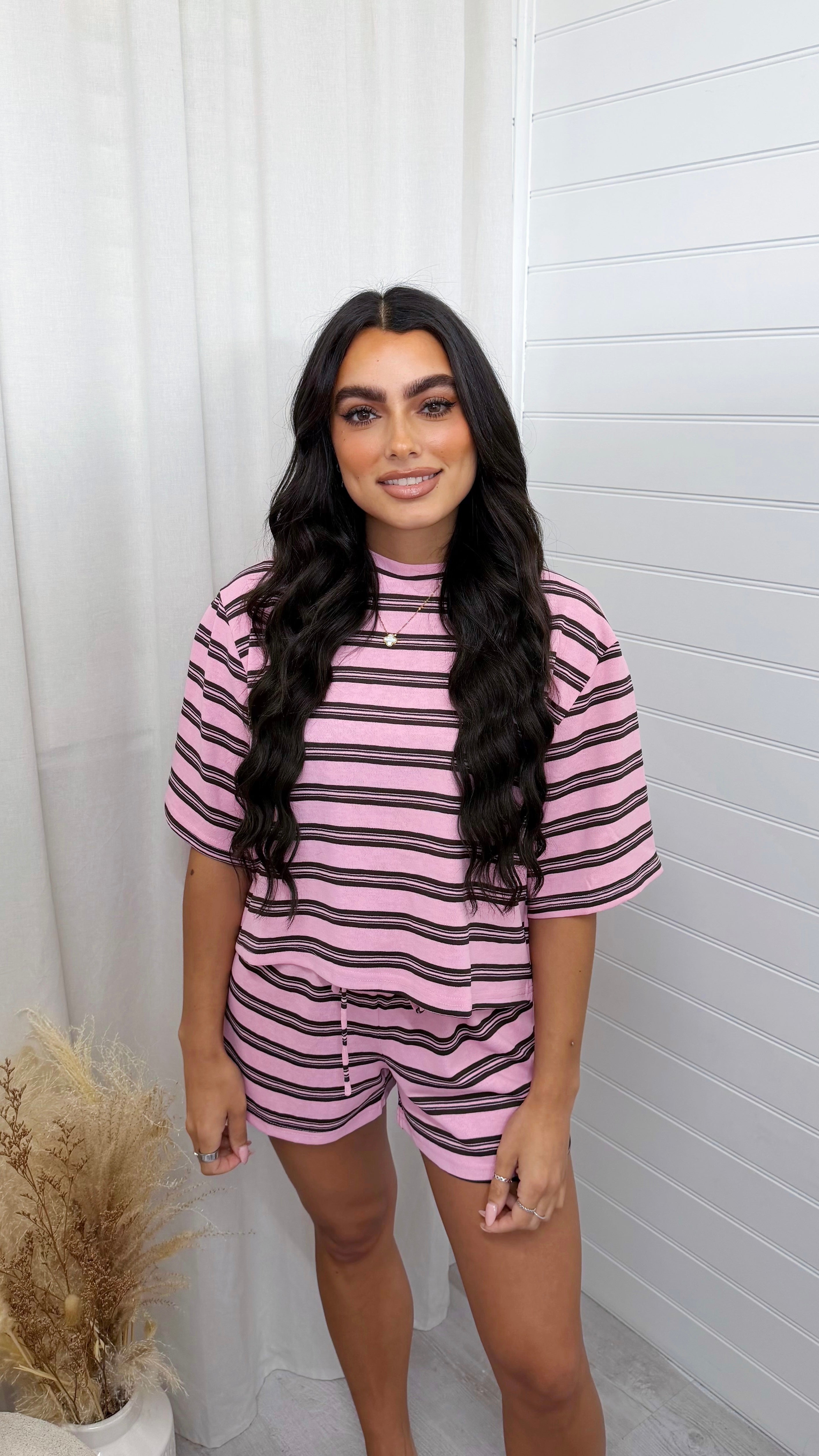 Stripey Cotton Crop Top and Shorts Co-Ord - PINK