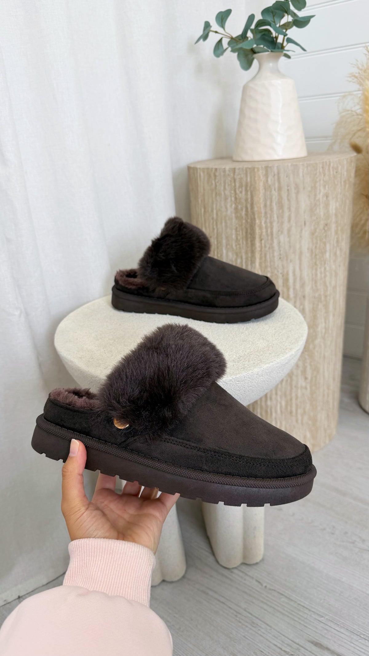 Faux Fur Strap Mule - BROWN