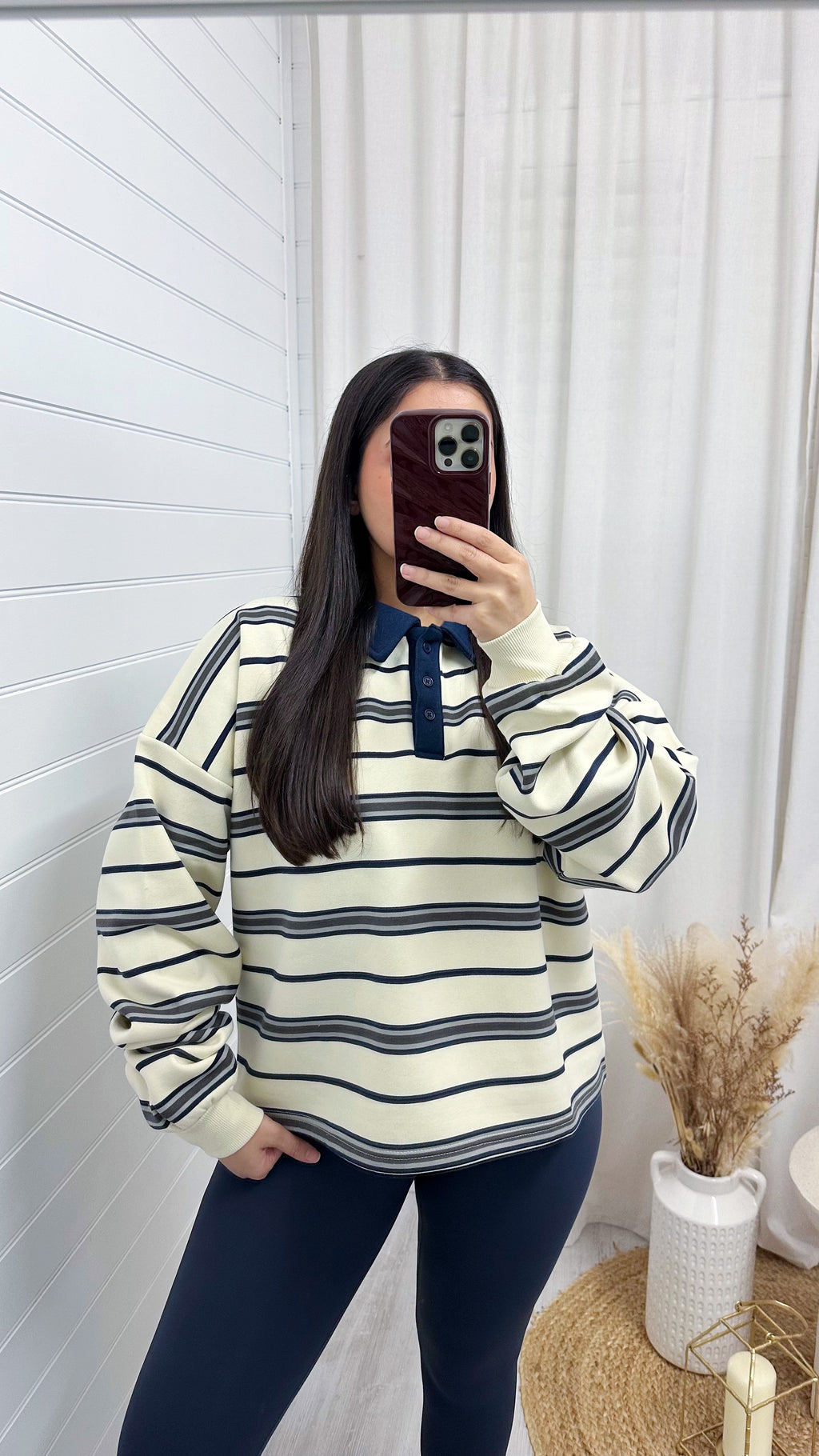 Stripey Fleece Rugby Sweatshirt - CREAM/NAVY