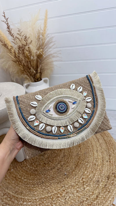 Seashell Blue Eye Boho Clutch Bag