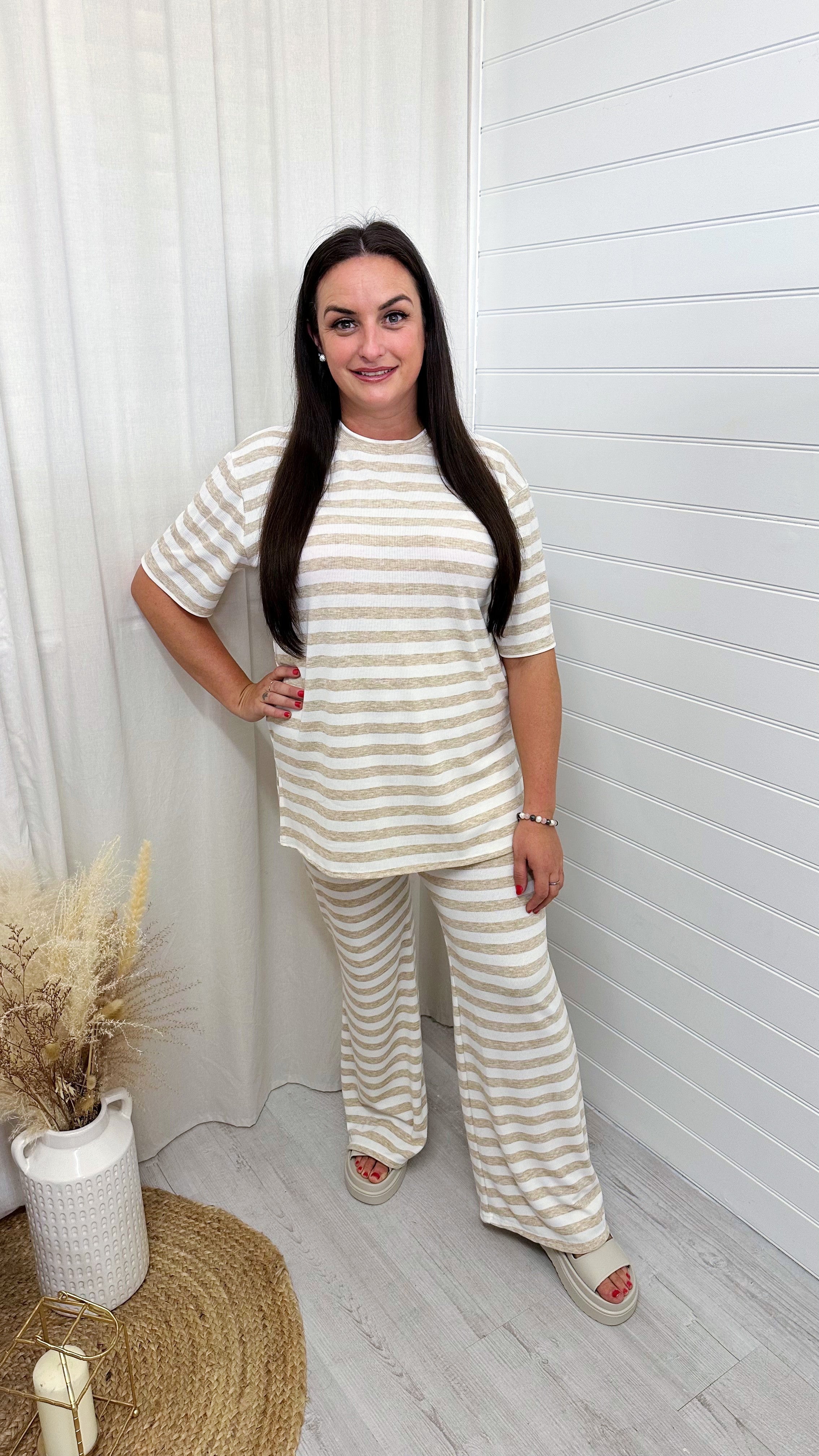PLUS Soft Premium Ribbed T-Shirt and Straight Leg Trousers Co-Ord - BEIGE