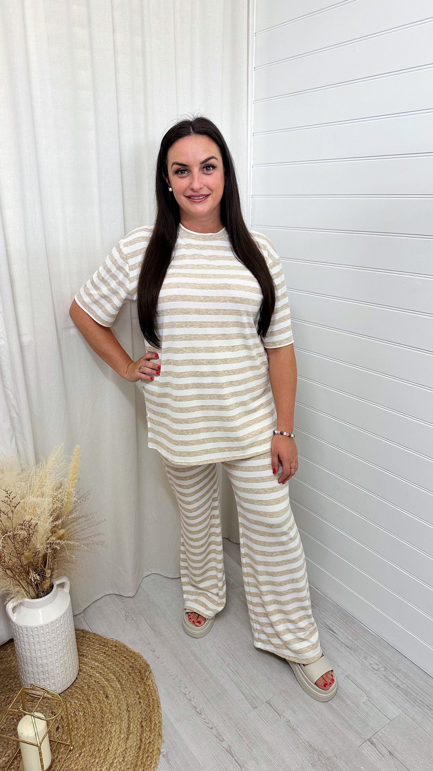 PLUS Soft Premium Ribbed T-Shirt and Straight Leg Trousers Co-Ord - BEIGE