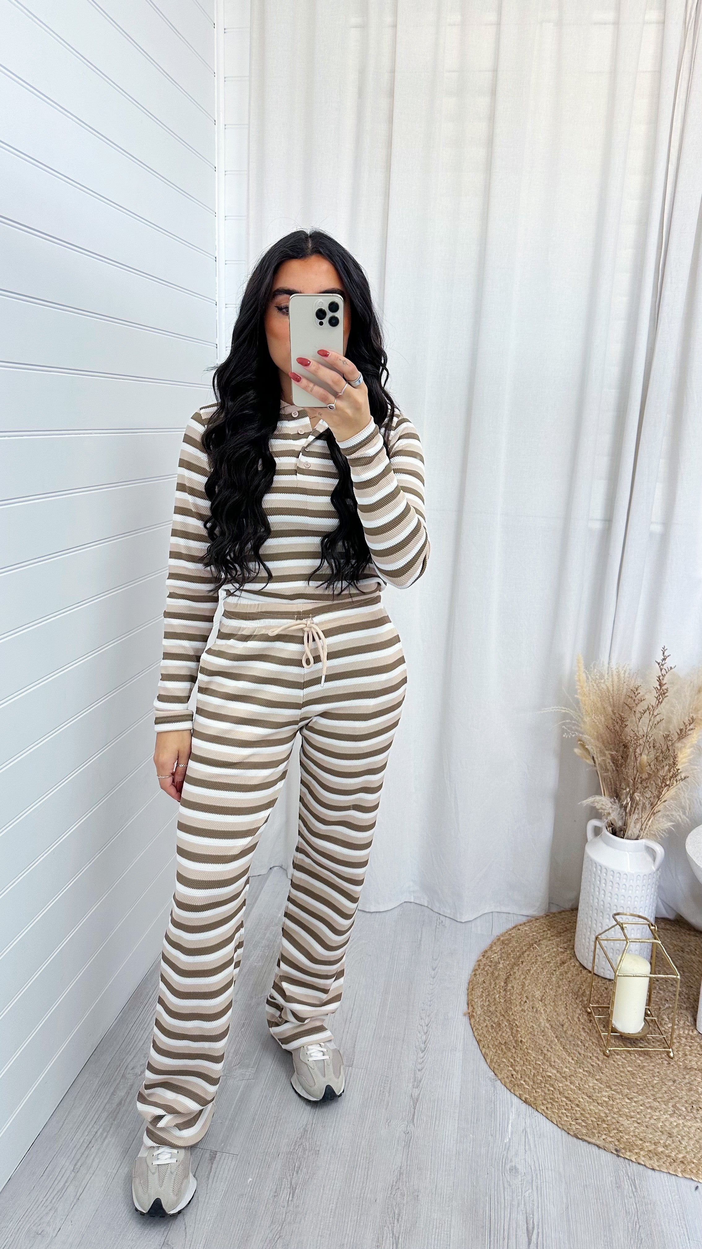 Woven Knit Stripey Top and Trousers Co-Ord - BROWN/BEIGE