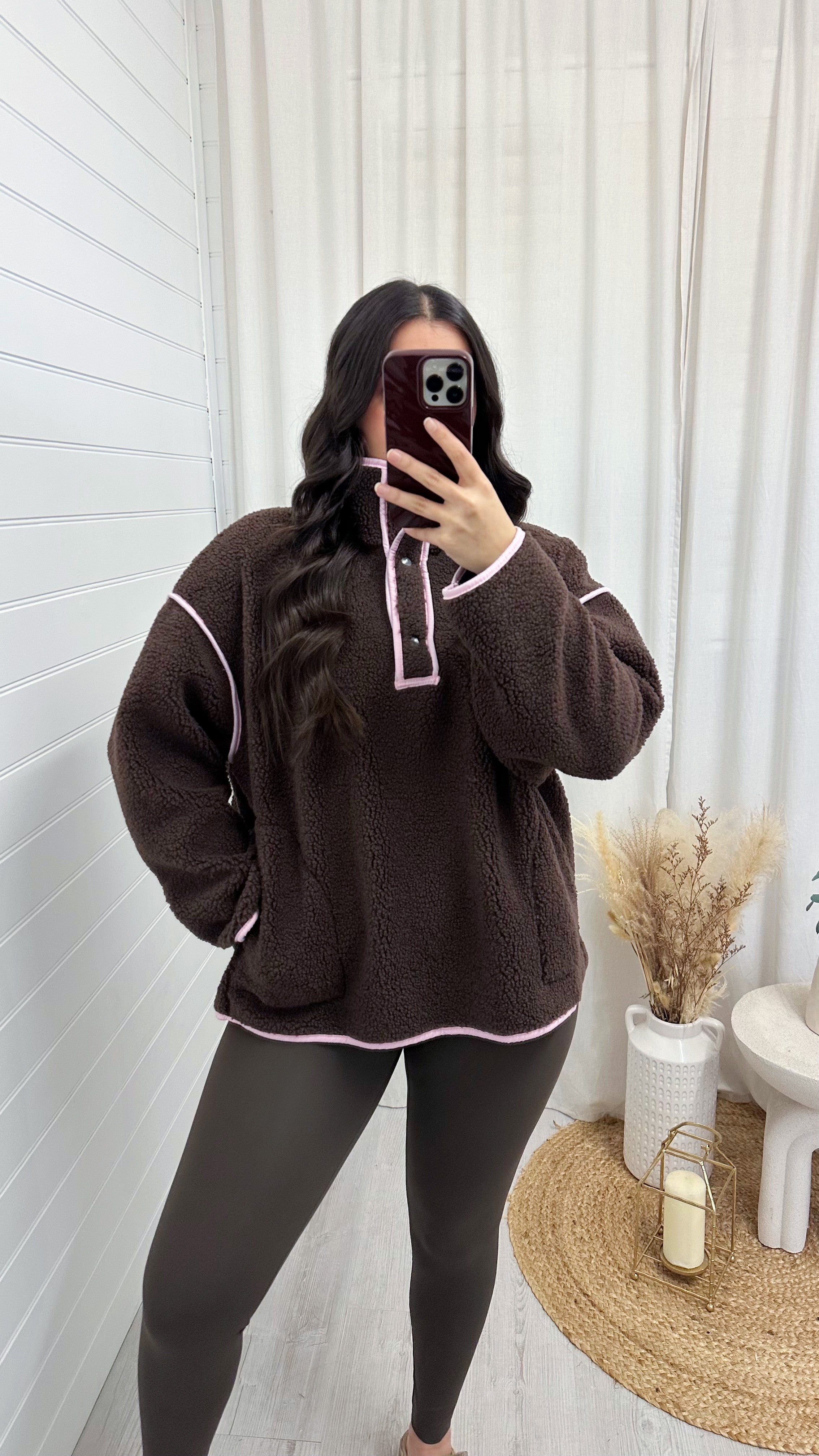 Borg Contrast Seam Sweatshirt - BROWN/PINK