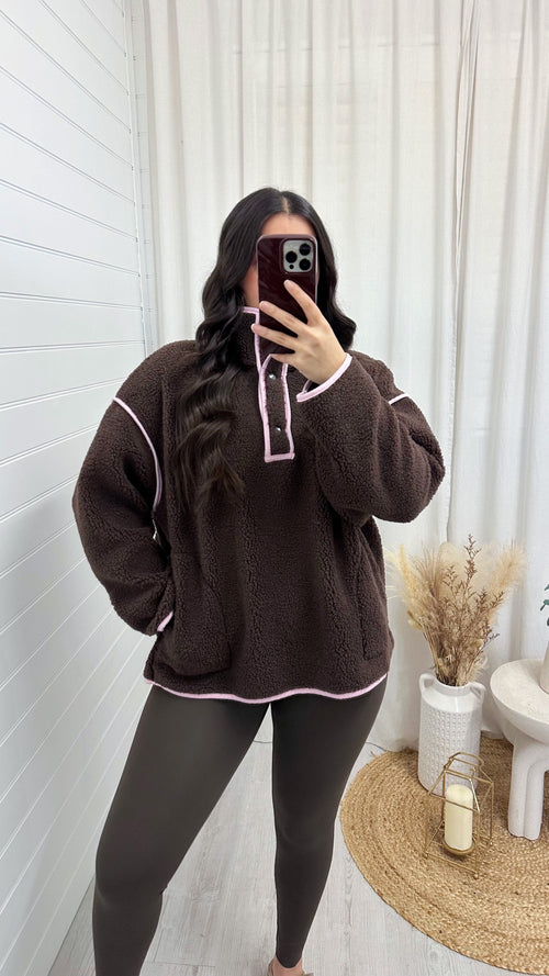 Borg Contrast Seam Sweatshirt - BROWN/PINK