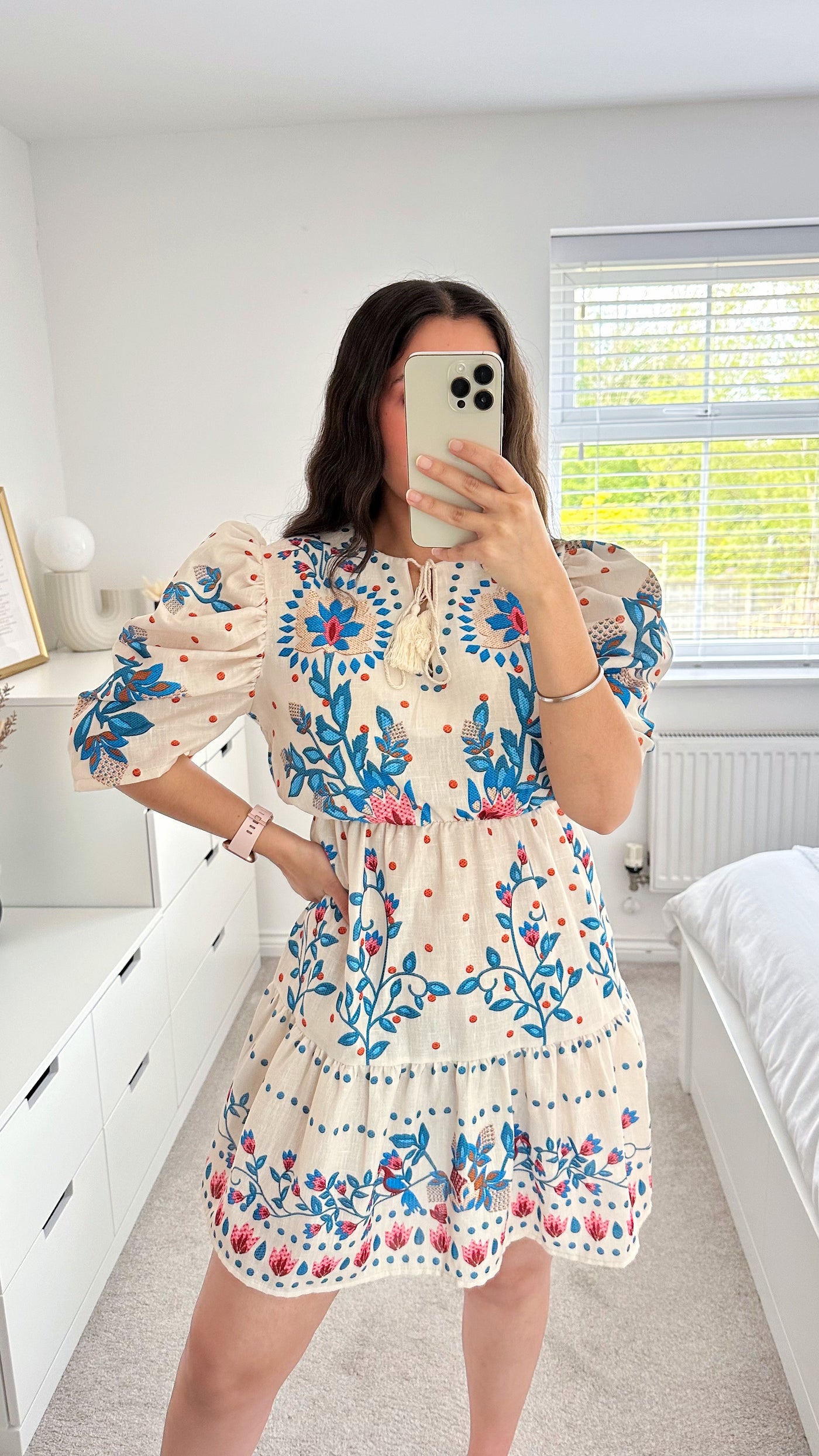 Puff Sleeve Patterned Dress - BLUE