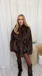 Hooded Faux Fur Coat with Belt - BROWN