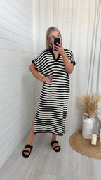 Crochet V Neck Midi Dress - BLACK/WHITE