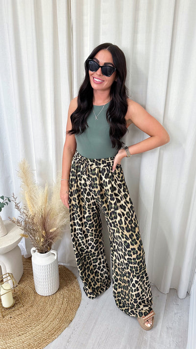 Leopard Print Wide Leg Trousers - KHAKI LEOPARD