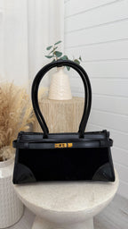 Suede and Leather Top Handle Bag - BLACK