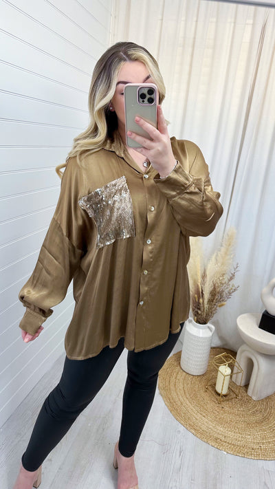 Satin Sequin Pocket Shirt -  BRONZE