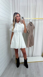 Pleated Waist Shirt Dress - WHITE