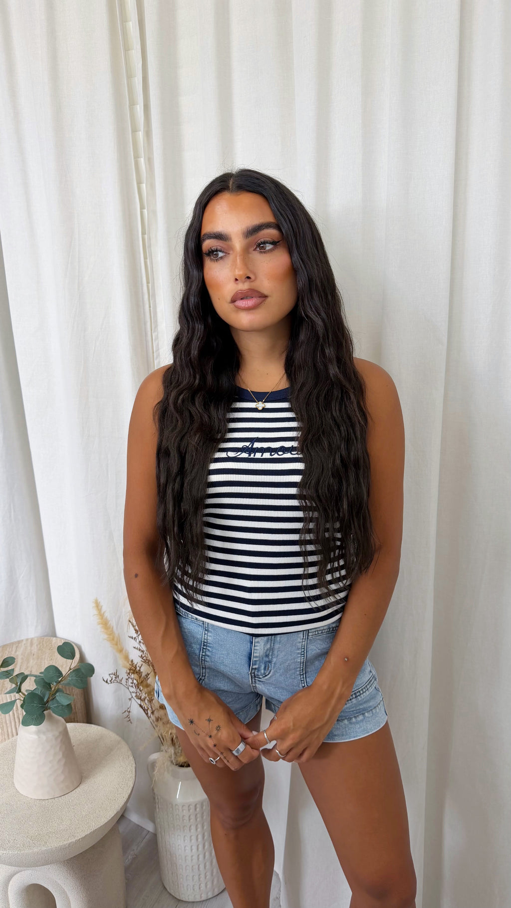 Amour Ribbed Stripey Vest Top - NAVY